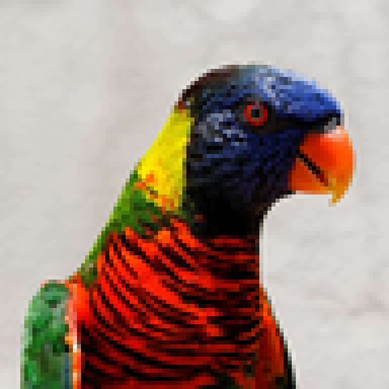 Before: deliberately reduced 96 by 96 pixel parrot artwork